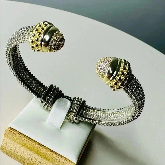 TWO TONE PAVE STONE HINGED CUFF BRACELET - Picture 4 of 5